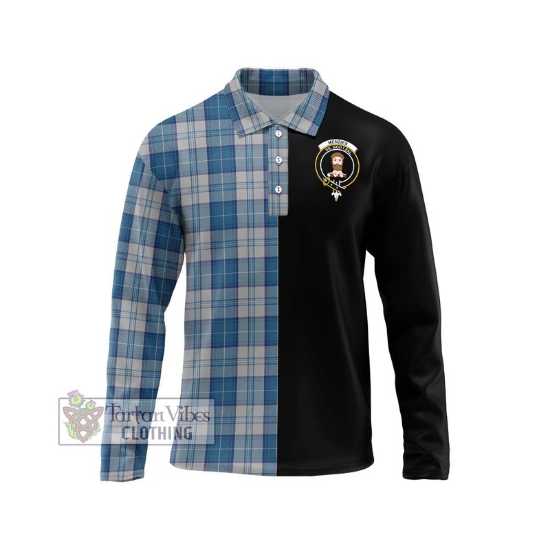 Menzies Dress Blue and White Tartan Long Sleeve Polo Shirt with Family Crest and Half Of Me Style