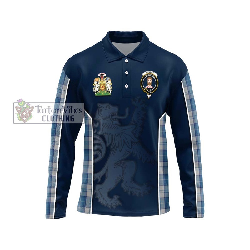 Menzies Dress Blue and White Tartan Long Sleeve Polo Shirt with Family Crest and Lion Rampant Vibes Sport Style