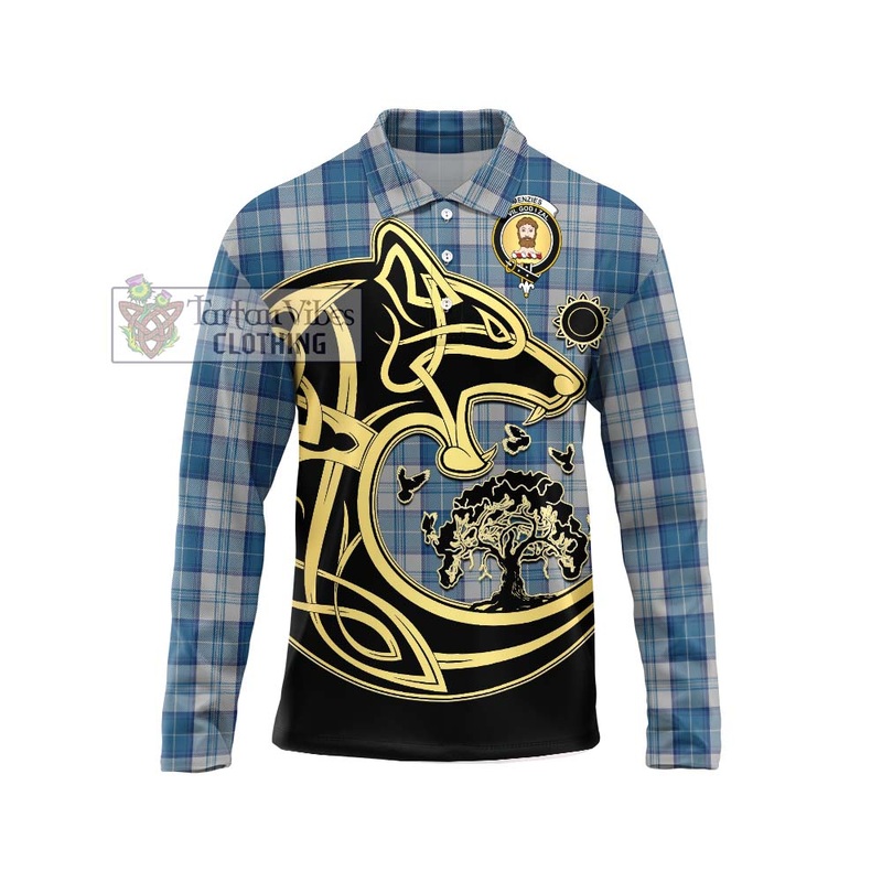 Menzies Dress Blue and White Tartan Long Sleeve Polo Shirt with Family Crest Celtic Wolf Style