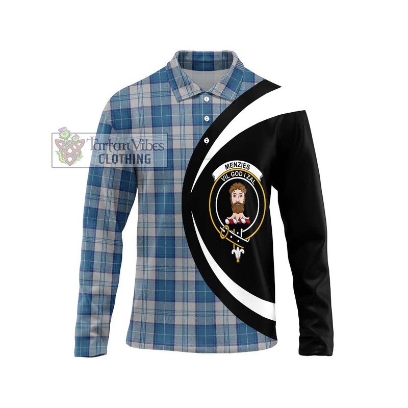 Menzies Dress Blue and White Tartan Long Sleeve Polo Shirt with Family Crest Circle Style