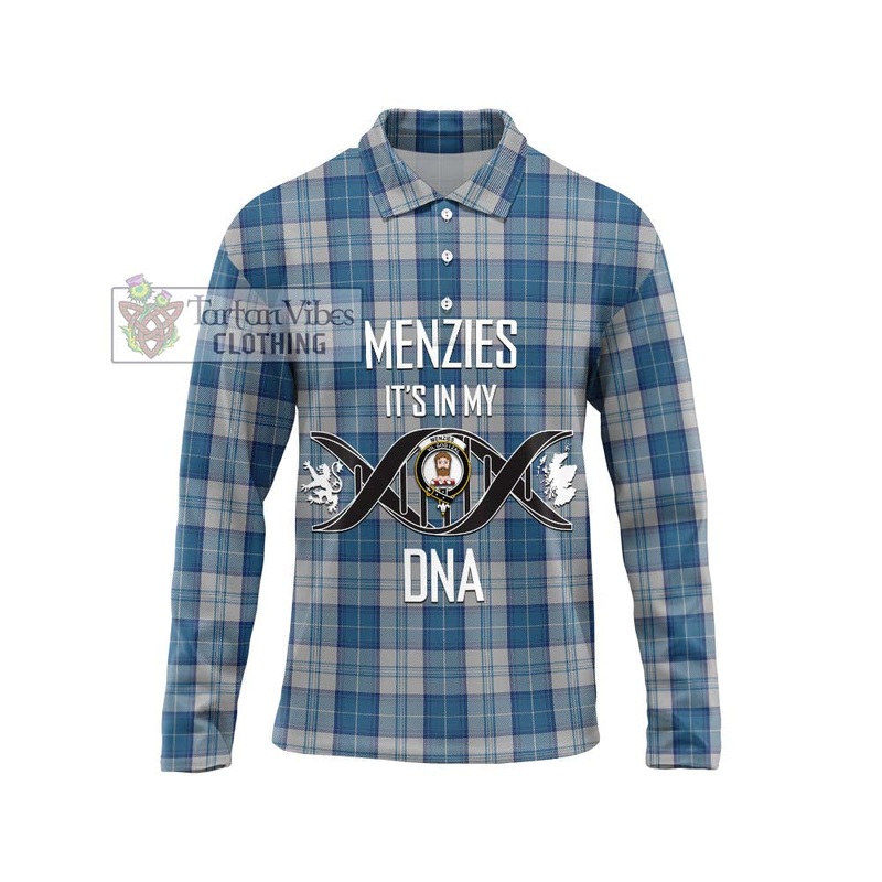 Menzies Dress Blue and White Tartan Long Sleeve Polo Shirt with Family Crest DNA In Me Style