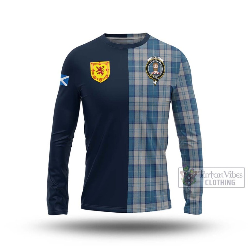 Menzies Dress Blue and White Tartan Long Sleeve T-Shirt Alba with Scottish Lion Royal Arm Half Style