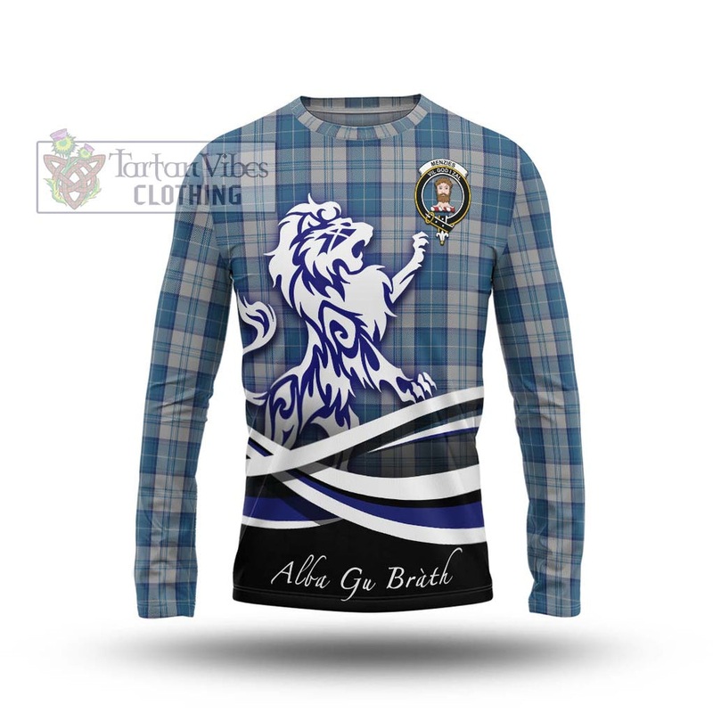 Menzies Dress Blue and White Tartan Long Sleeve T-Shirt with Alba Gu Brath Regal Lion Emblem