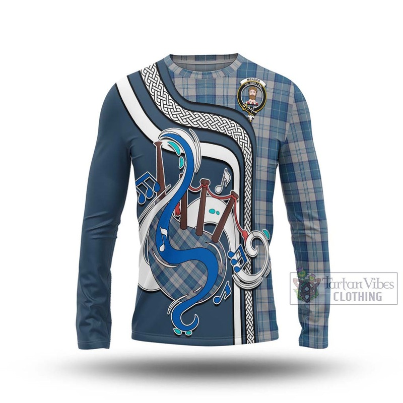 Menzies Dress Blue and White Tartan Long Sleeve T-Shirt with Epic Bagpipe Style
