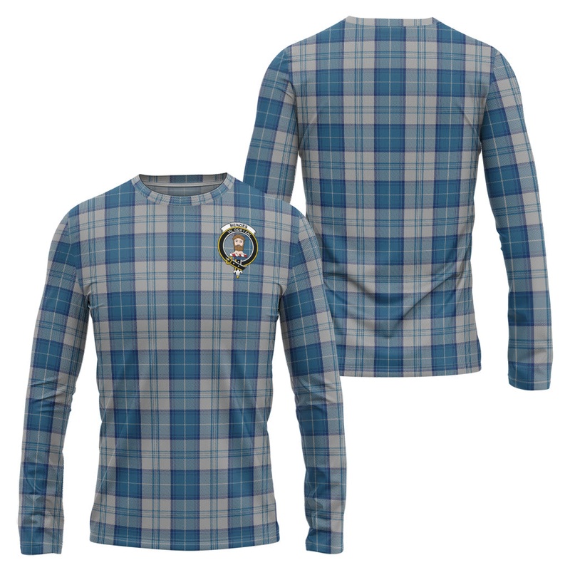 Menzies Dress Blue and White Tartan Long Sleeve T-Shirt with Family Crest
