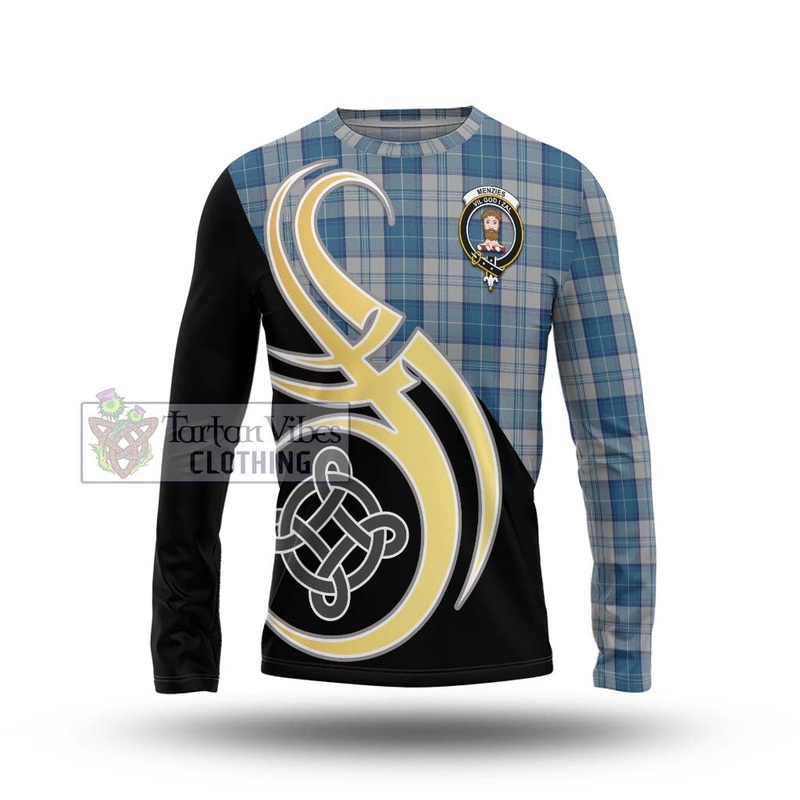 Menzies Dress Blue and White Tartan Long Sleeve T-Shirt with Family Crest and Celtic Symbol Style