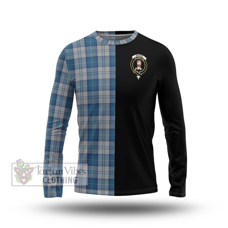 Menzies Dress Blue and White Tartan Long Sleeve T-Shirt with Family Crest and Half Of Me Style