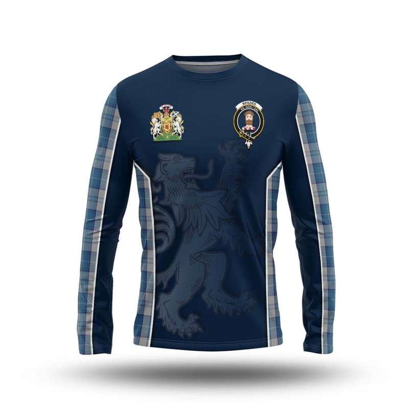 Menzies Dress Blue and White Tartan Long Sleeve T-Shirt with Family Crest and Lion Rampant Vibes Sport Style