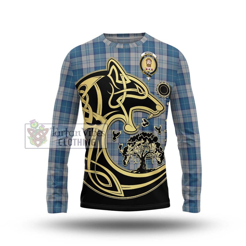 Menzies Dress Blue and White Tartan Long Sleeve T-Shirt with Family Crest Celtic Wolf Style