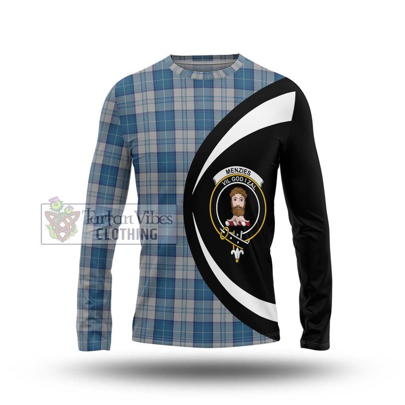 Menzies Dress Blue and White Tartan Long Sleeve T-Shirt with Family Crest Circle Style