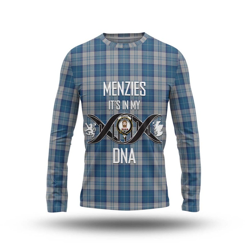 Menzies Dress Blue and White Tartan Long Sleeve T-Shirt with Family Crest DNA In Me Style