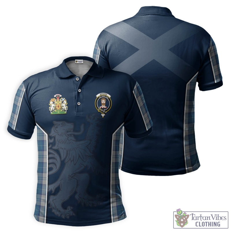 Menzies Dress Blue and White Tartan Men's Polo Shirt with Family Crest and Lion Rampant Vibes Sport Style