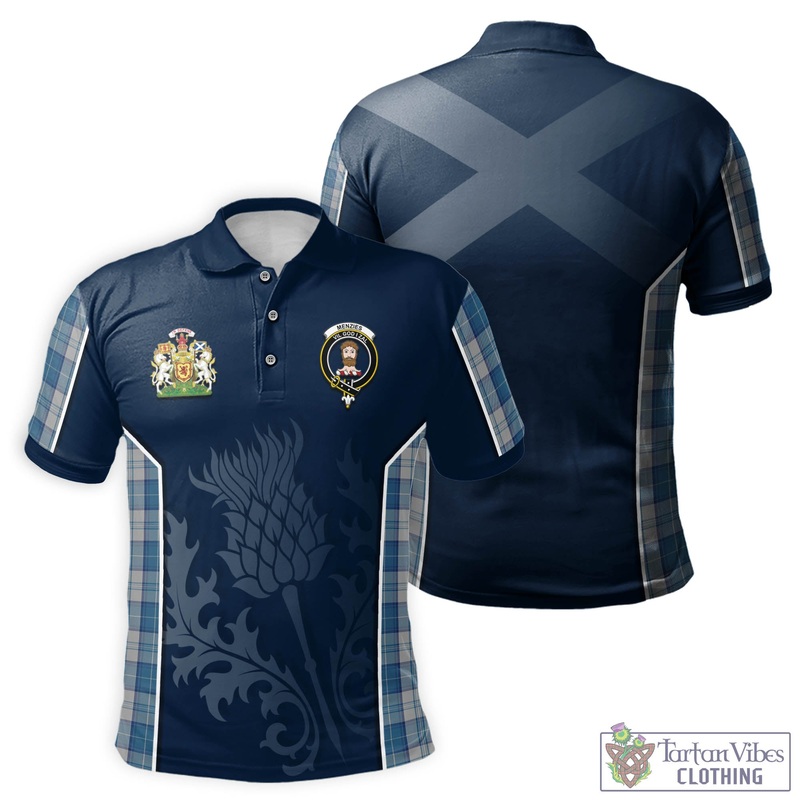 Menzies Dress Blue and White Tartan Men's Polo Shirt with Family Crest and Scottish Thistle Vibes Sport Style