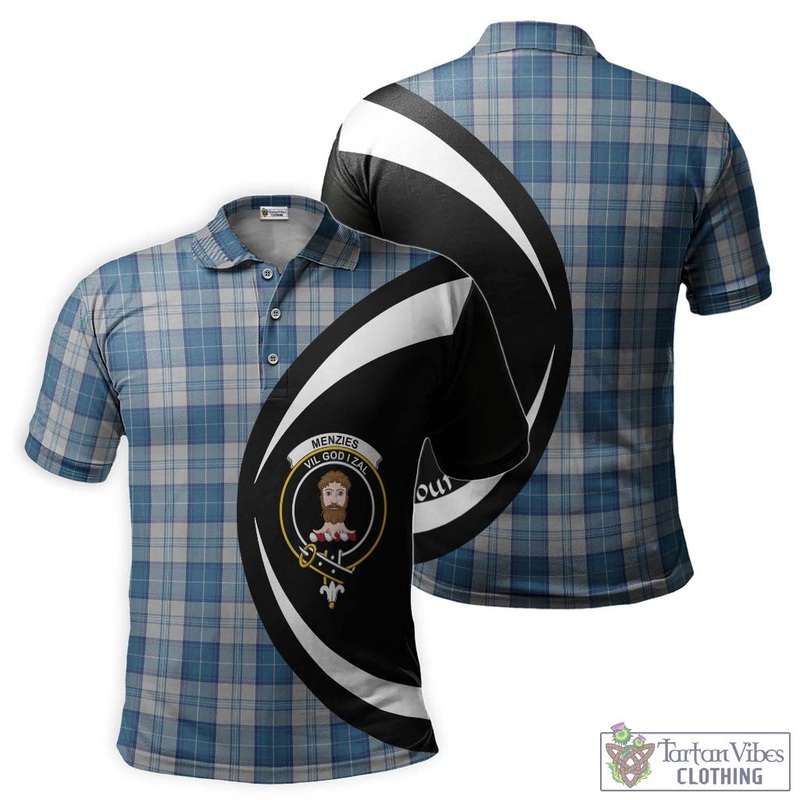 Menzies Dress Blue and White Tartan Men's Polo Shirt with Family Crest Circle Style