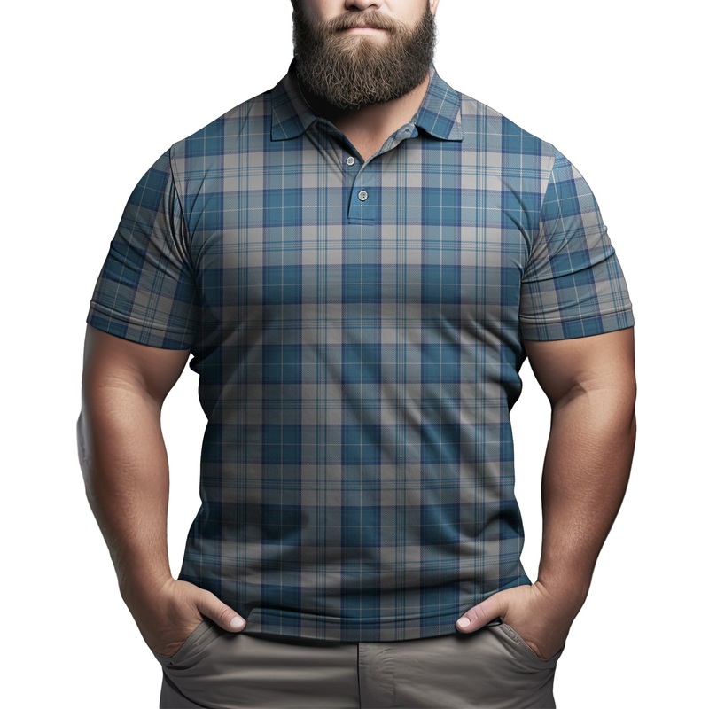 Menzies Dress Blue and White Tartan Mens Polo Shirt