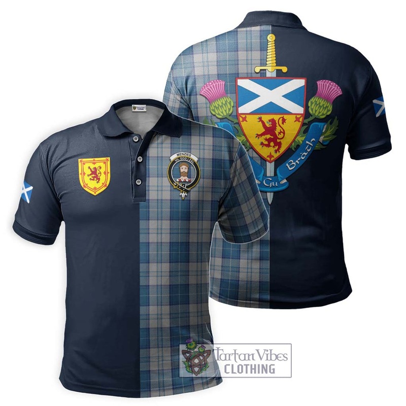 Menzies Dress Blue and White Tartan Polo Shirt Alba with Scottish Lion Royal Arm Half Style