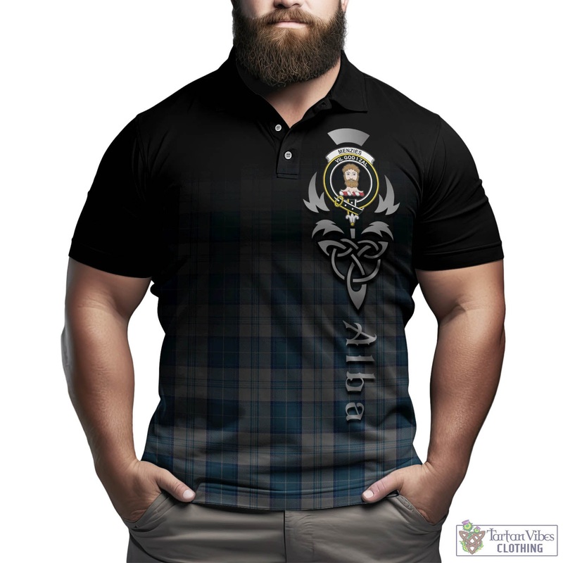 Menzies Dress Blue and White Tartan Polo Shirt Featuring Alba Gu Brath Family Crest Celtic Inspired
