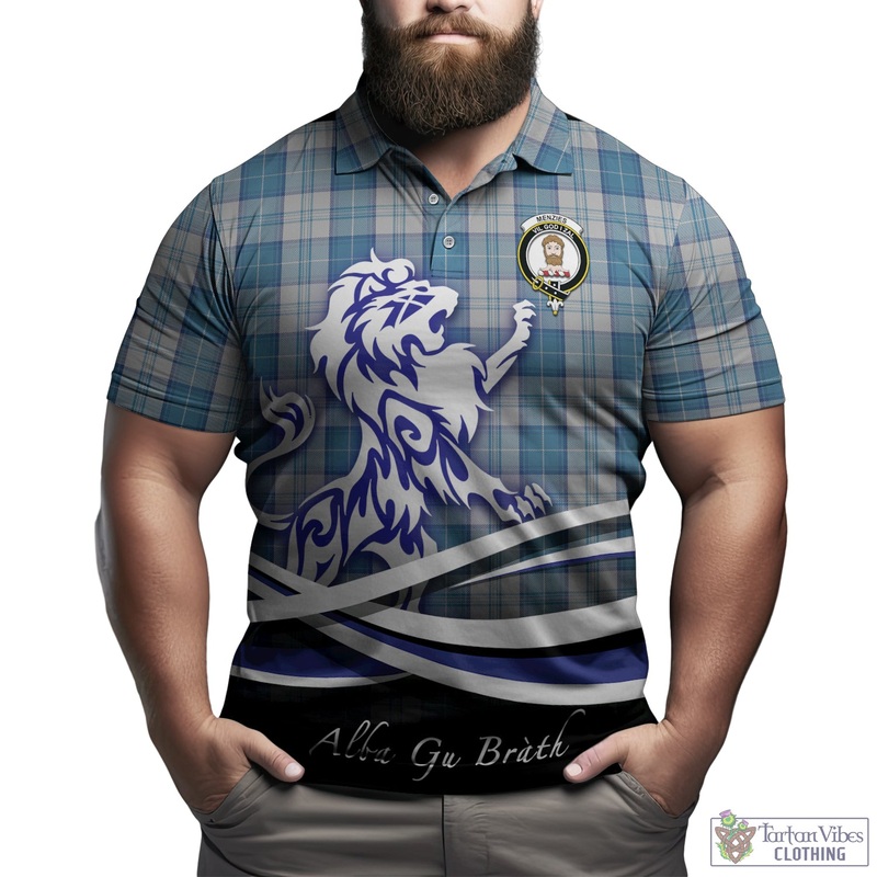 Menzies Dress Blue and White Tartan Polo Shirt with Alba Gu Brath Regal Lion Emblem