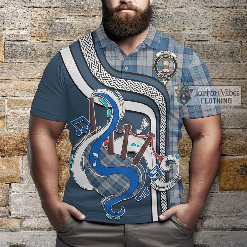 Menzies Dress Blue and White Tartan Polo Shirt with Epic Bagpipe Style