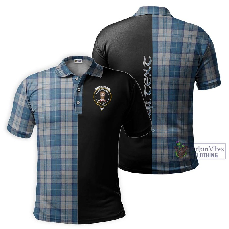 Menzies Dress Blue and White Tartan Polo Shirt with Family Crest and Half Of Me Style