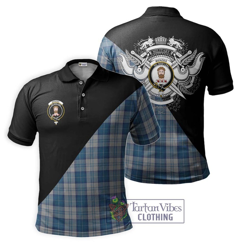 Menzies Dress Blue and White Tartan Polo Shirt with Family Crest and Military Logo Style
