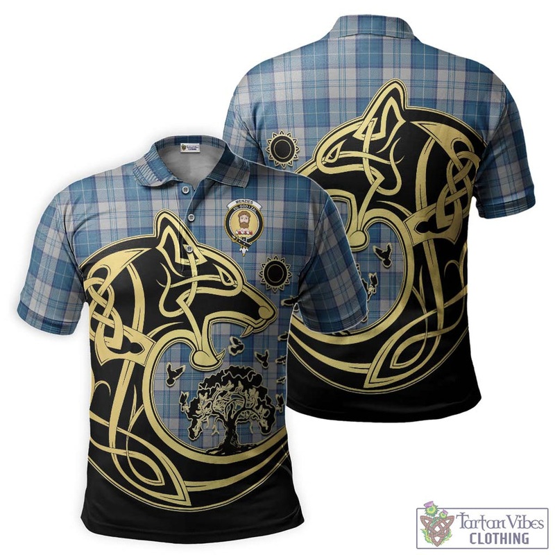 Menzies Dress Blue and White Tartan Polo Shirt with Family Crest Celtic Wolf Style