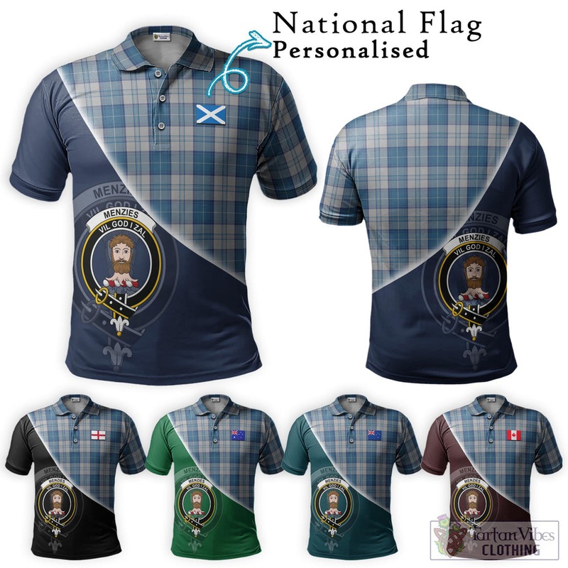Menzies Dress Blue and White Tartan Polo Shirt with Personalised National Flag and Family Crest Half Style