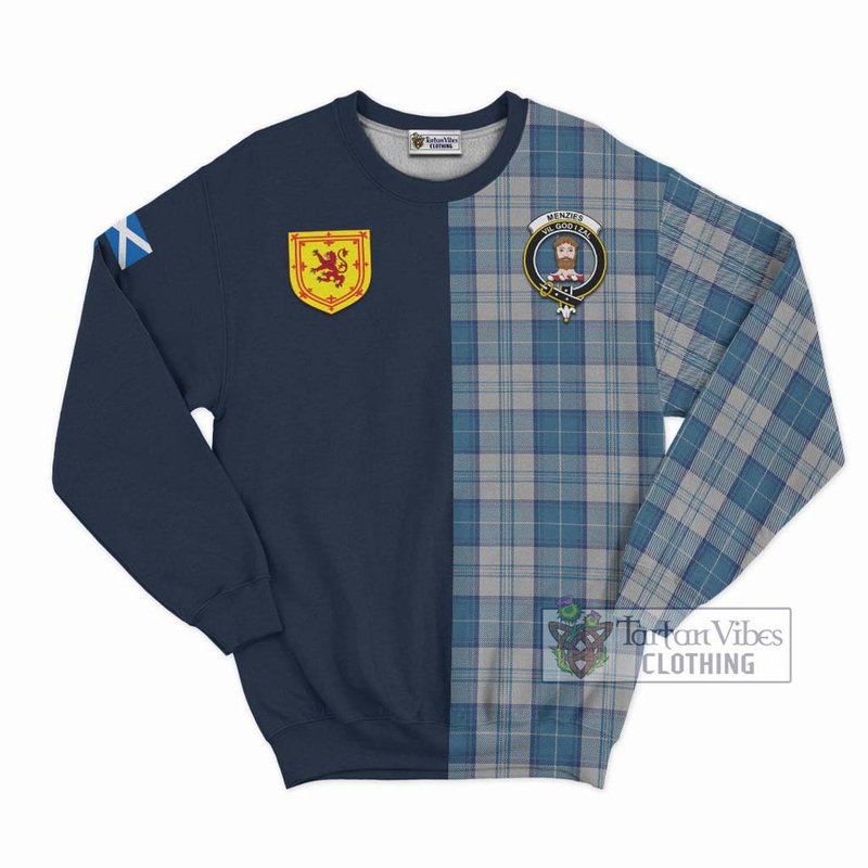 Menzies Dress Blue and White Tartan Sweatshirt Alba with Scottish Lion Royal Arm Half Style