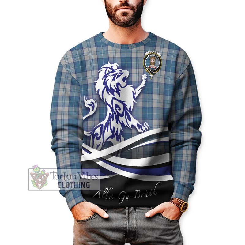 Menzies Dress Blue and White Tartan Sweatshirt with Alba Gu Brath Regal Lion Emblem