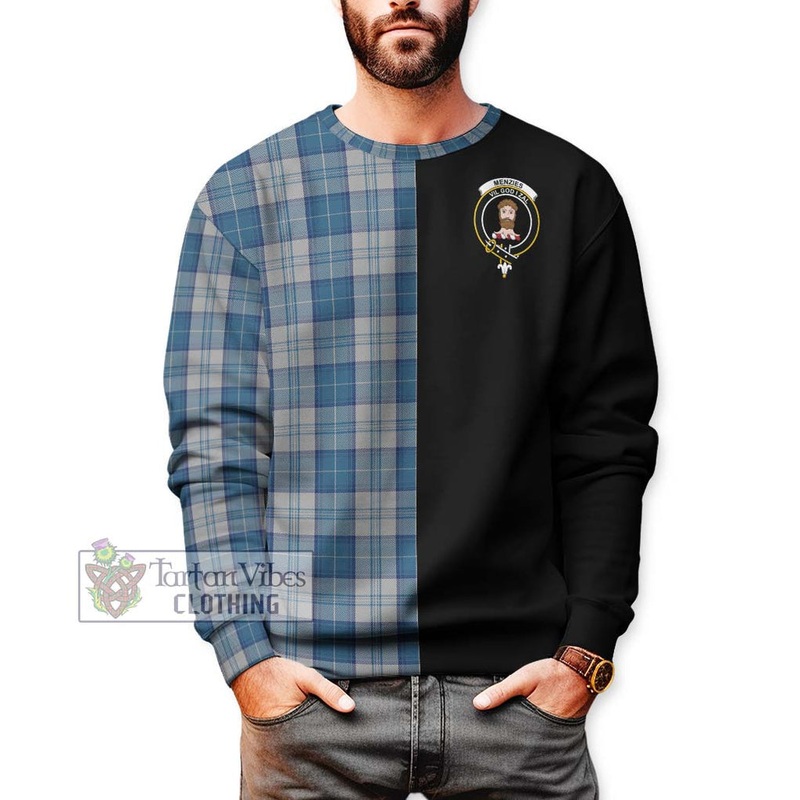 Menzies Dress Blue and White Tartan Sweatshirt with Family Crest and Half Of Me Style