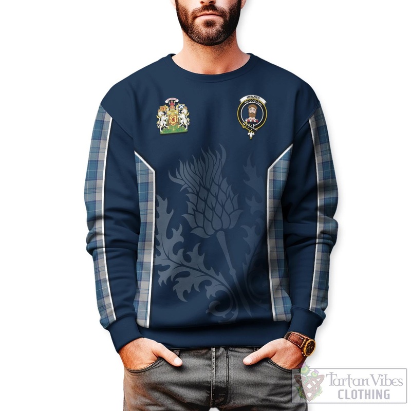 Menzies Dress Blue and White Tartan Sweatshirt with Family Crest and Scottish Thistle Vibes Sport Style