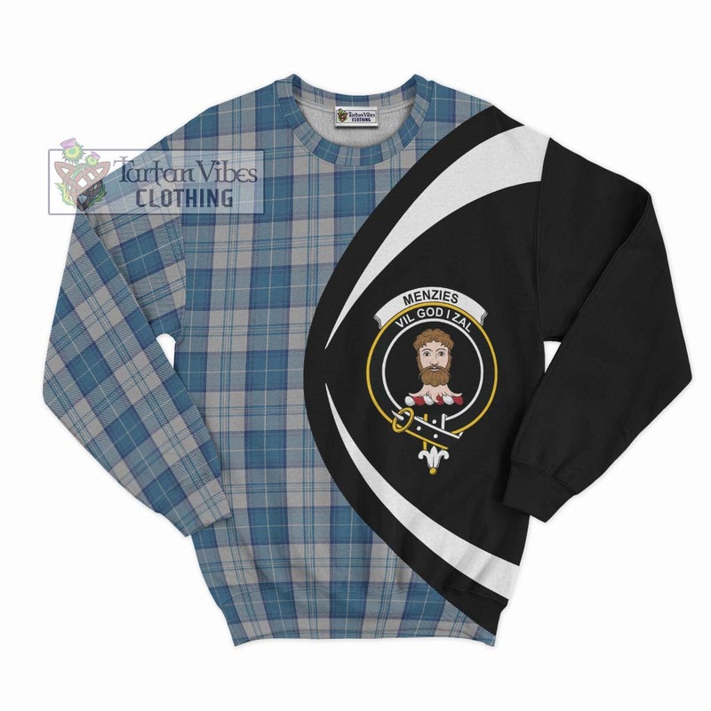 Menzies Dress Blue and White Tartan Sweatshirt with Family Crest Circle Style