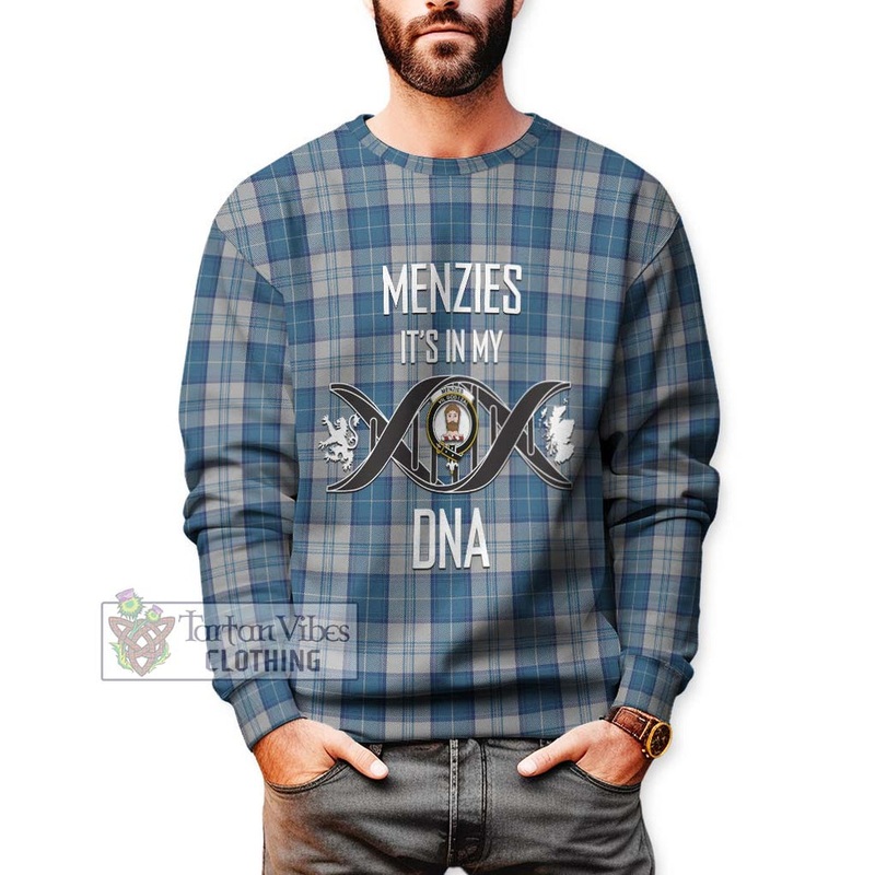 Menzies Dress Blue and White Tartan Sweatshirt with Family Crest DNA In Me Style