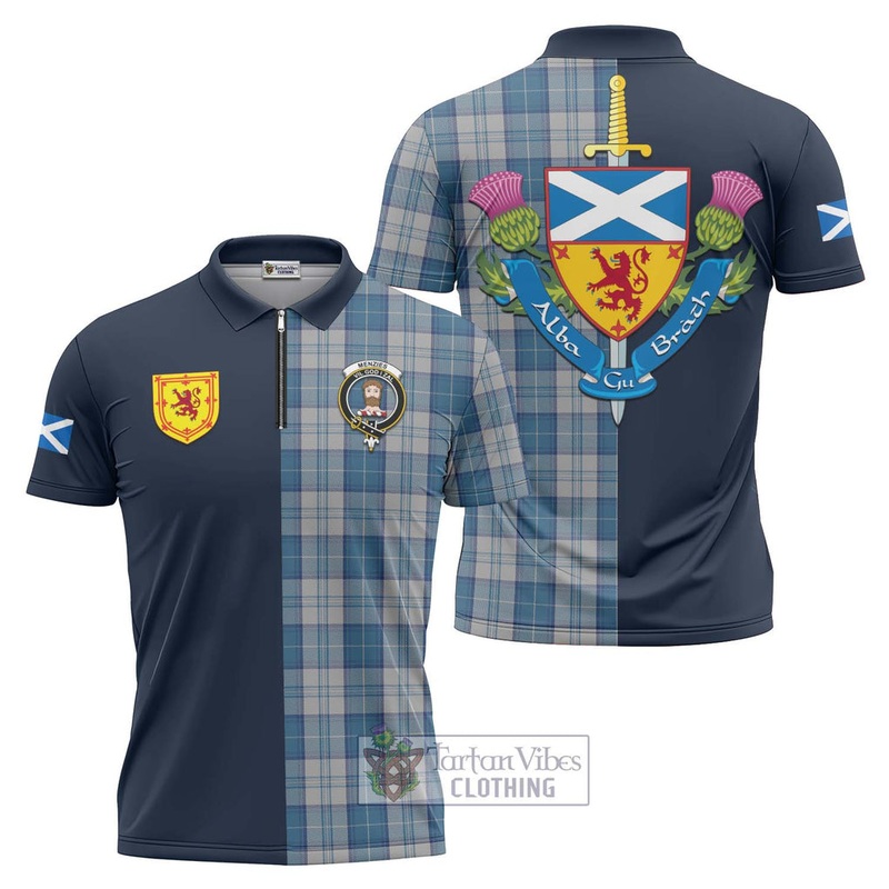 Menzies Dress Blue and White Tartan Zipper Polo Shirt Alba with Scottish Lion Royal Arm Half Style