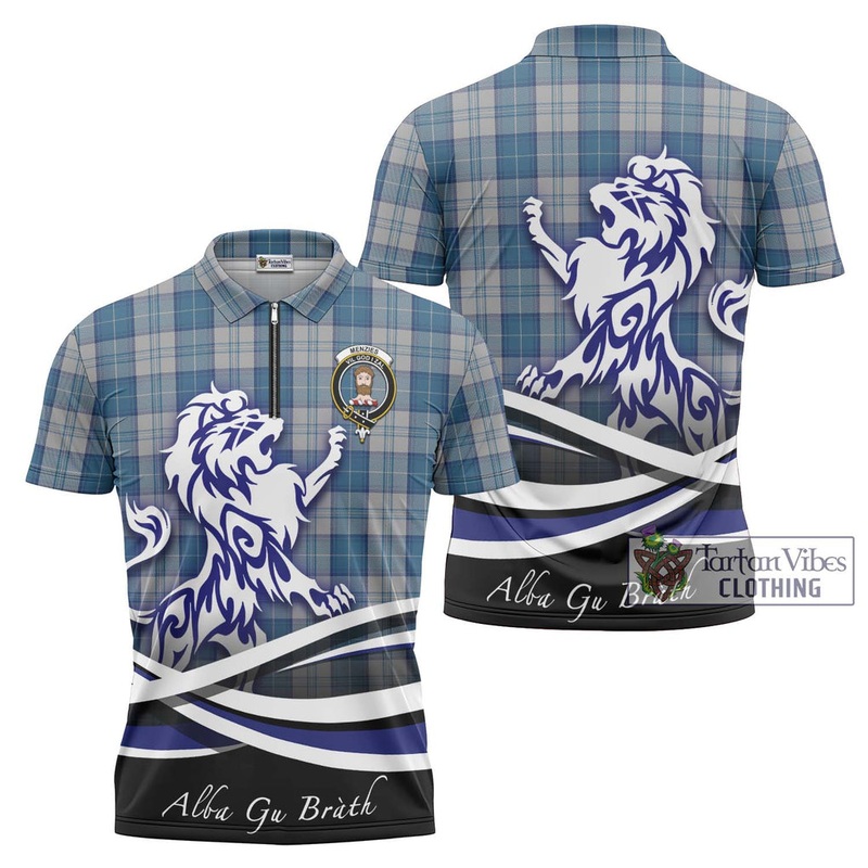 Menzies Dress Blue and White Tartan Zipper Polo Shirt with Alba Gu Brath Regal Lion Emblem