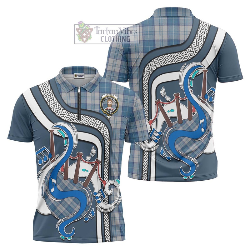 Menzies Dress Blue and White Tartan Zipper Polo Shirt with Epic Bagpipe Style