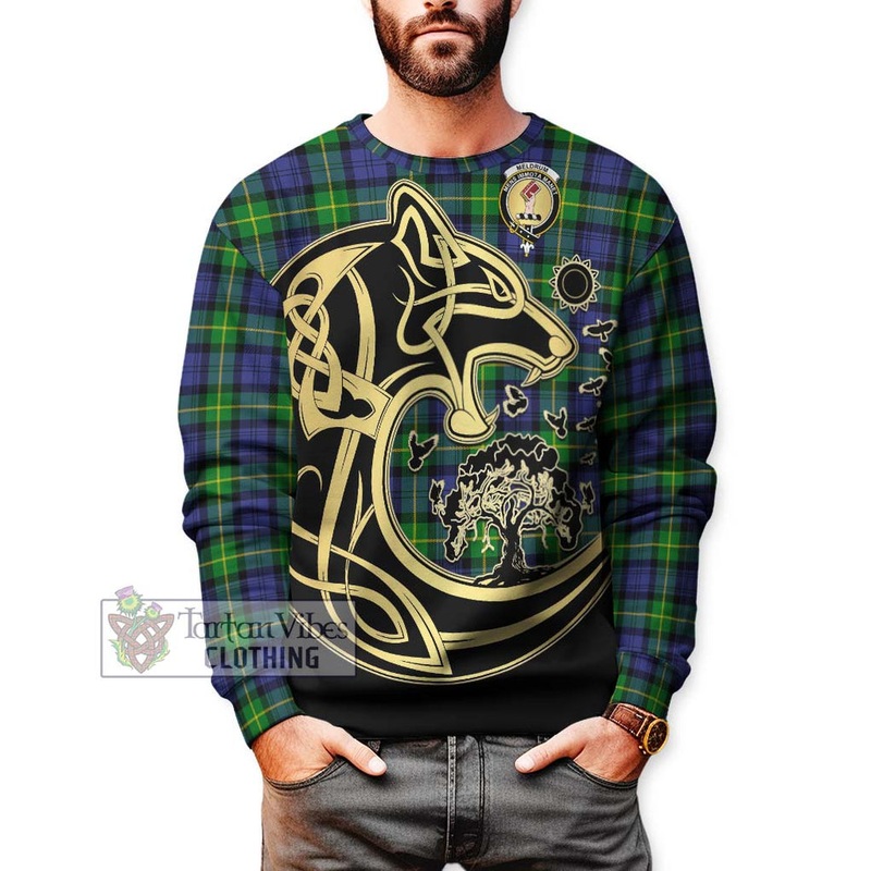 Meldrum Tartan Sweatshirt with Family Crest Celtic Wolf Style