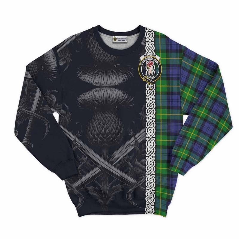 Meldrum Tartan Sweatshirt with Family Crest Cross Sword Thistle Celtic Vibes
