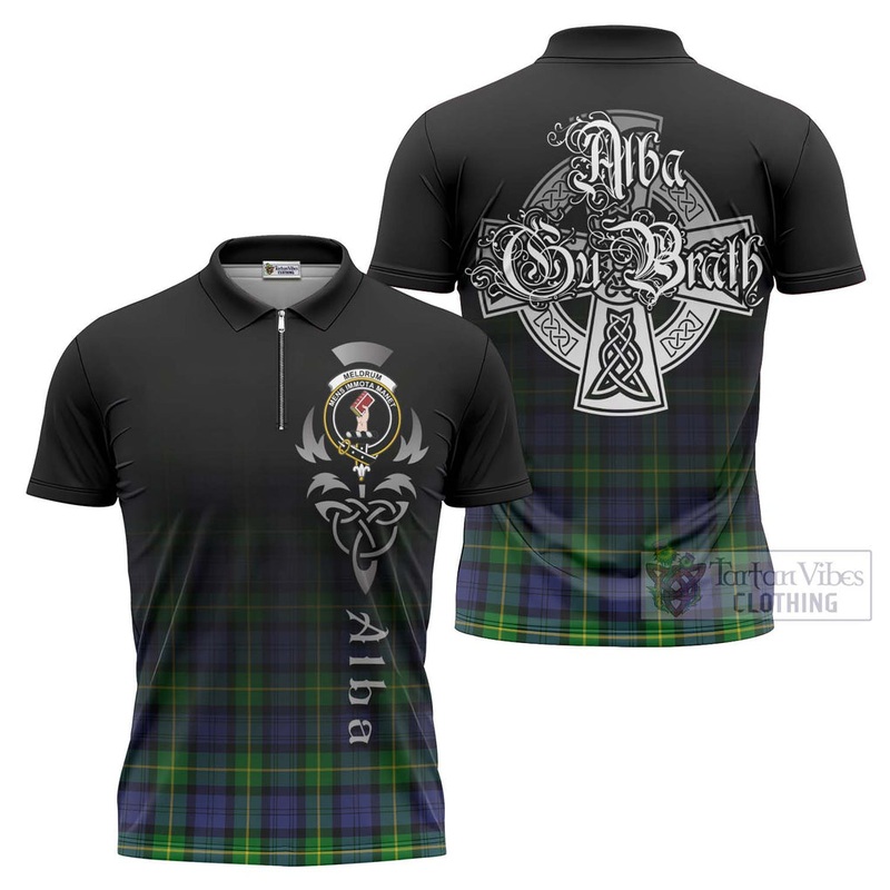 Meldrum Tartan Zipper Polo Shirt Featuring Alba Gu Brath Family Crest Celtic Inspired