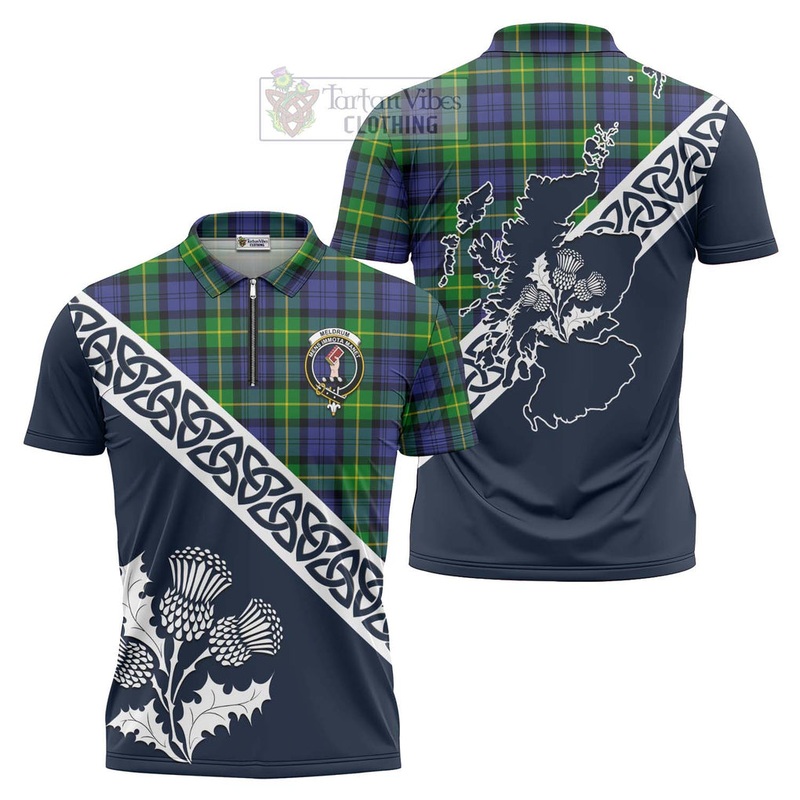 Meldrum Tartan Zipper Polo Shirt Featuring Thistle and Scotland Map