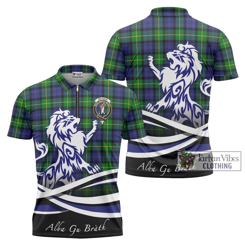Meldrum Tartan Zipper Polo Shirt with Alba Gu Brath Regal Lion Emblem