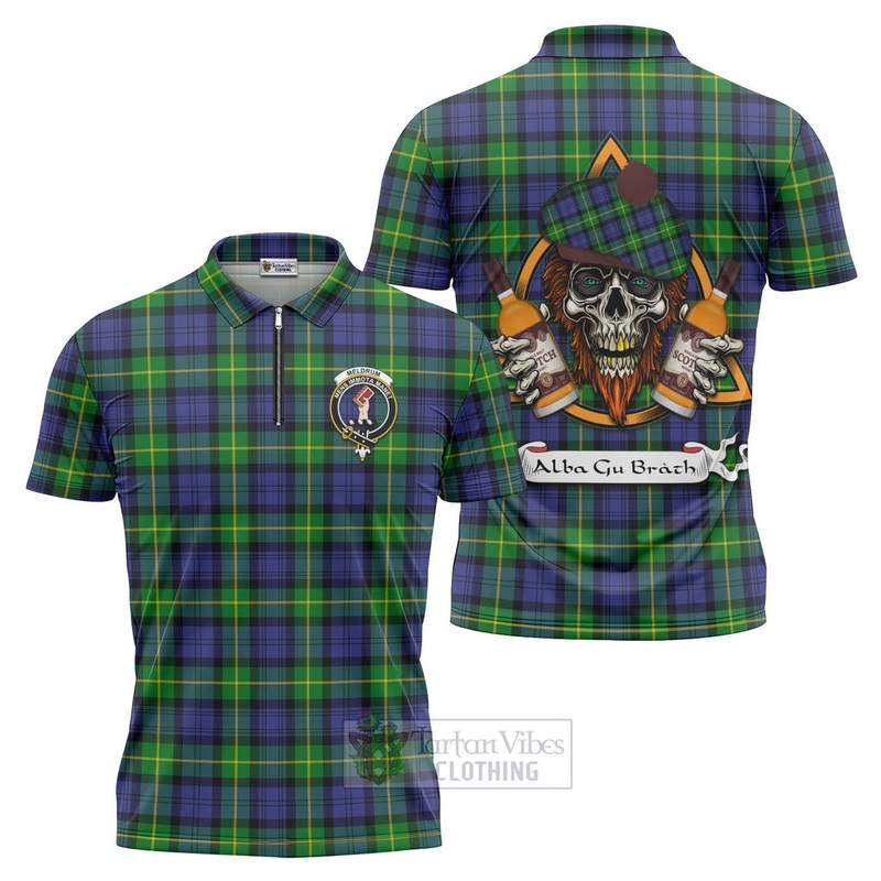 Meldrum Tartan Zipper Polo Shirt with Family Crest and Bearded Skull Holding Bottles of Whiskey