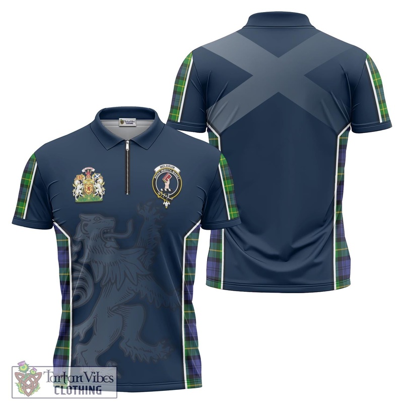 Meldrum Tartan Zipper Polo Shirt with Family Crest and Lion Rampant Vibes Sport Style