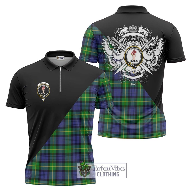 Meldrum Tartan Zipper Polo Shirt with Family Crest and Military Logo Style