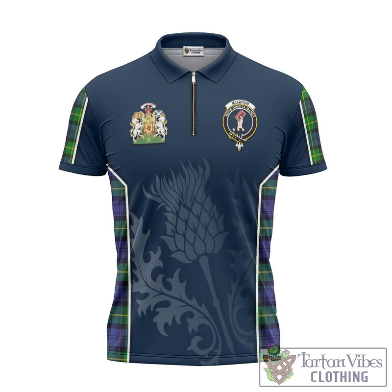 Meldrum Tartan Zipper Polo Shirt with Family Crest and Scottish Thistle Vibes Sport Style