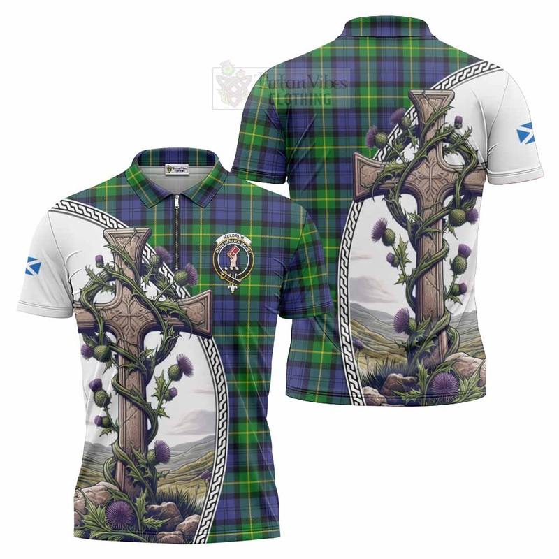 Meldrum Tartan Zipper Polo Shirt with Family Crest and St. Andrew's Cross Accented by Thistle Vines