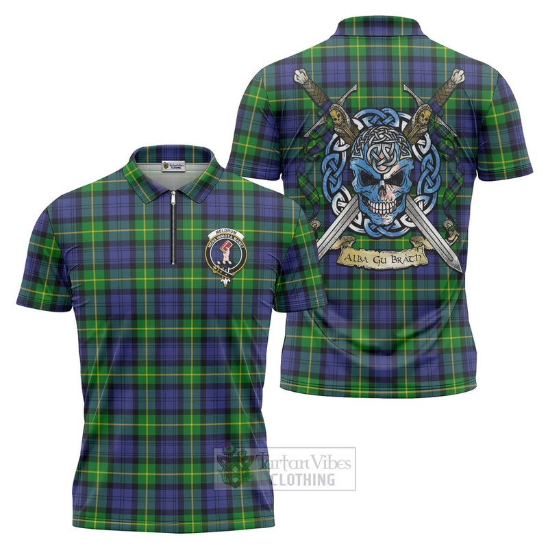 Meldrum Tartan Zipper Polo Shirt with Family Crest Celtic Skull Style