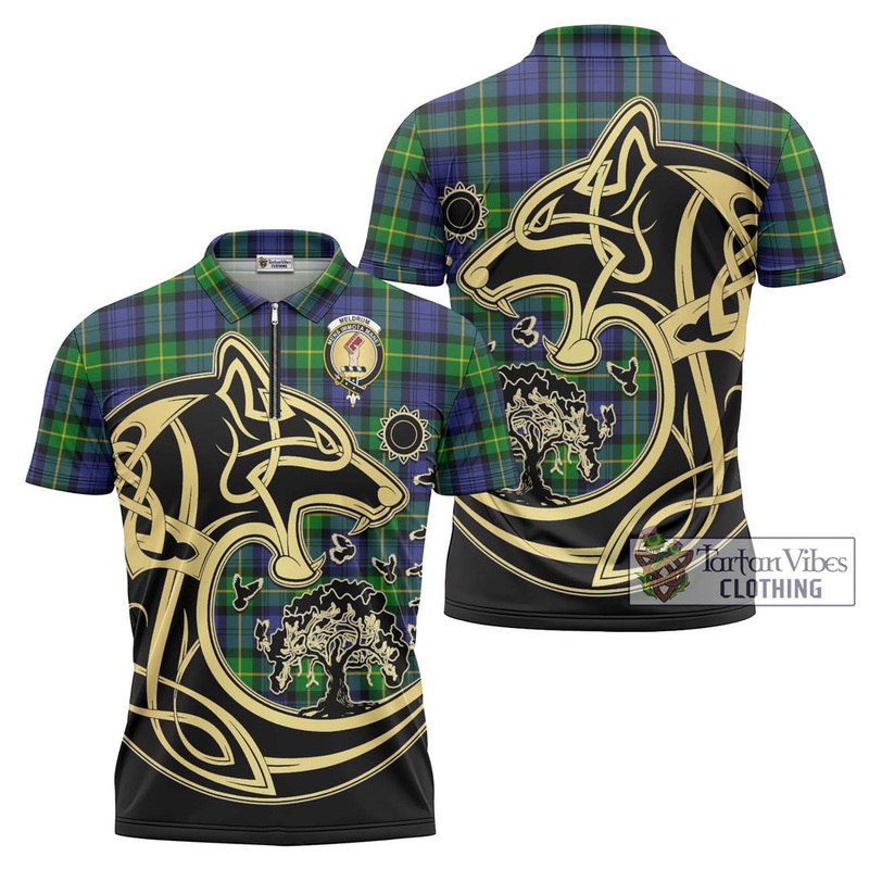 Meldrum Tartan Zipper Polo Shirt with Family Crest Celtic Wolf Style