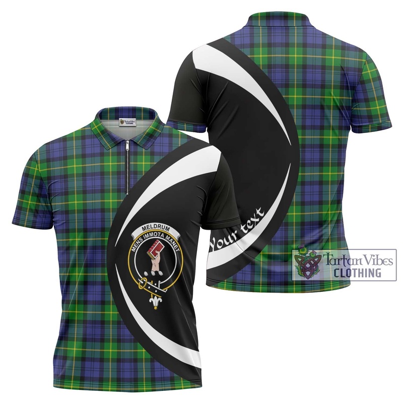 Meldrum Tartan Zipper Polo Shirt with Family Crest Circle Style