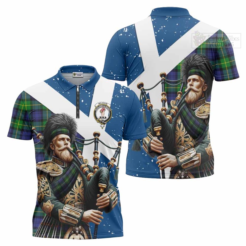 Meldrum Tartan Zipper Polo Shirt with Family Crest Scottish Bagpiper Vibes